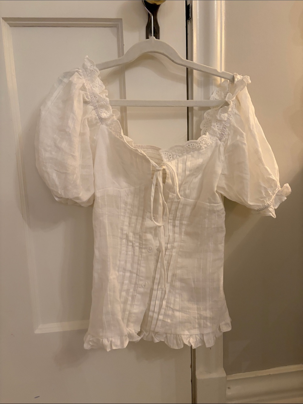 Princess Polly White Puff Sleeve Lace-Trim Blouse